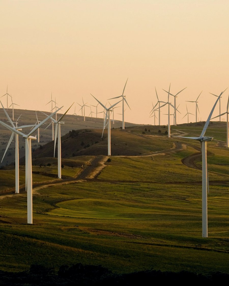 Wind turbines on rolling hills at sunset